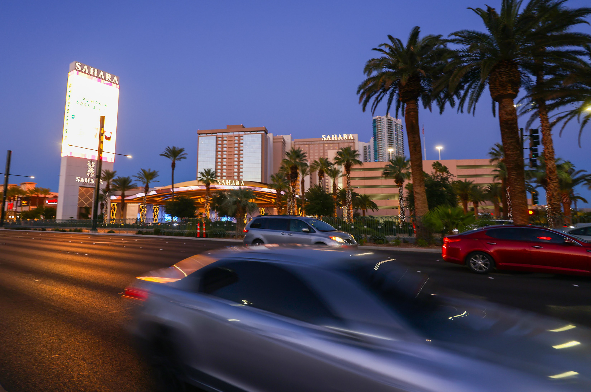 Traffic passes the Sahara hotel-casino on Sept. 23, 2023.